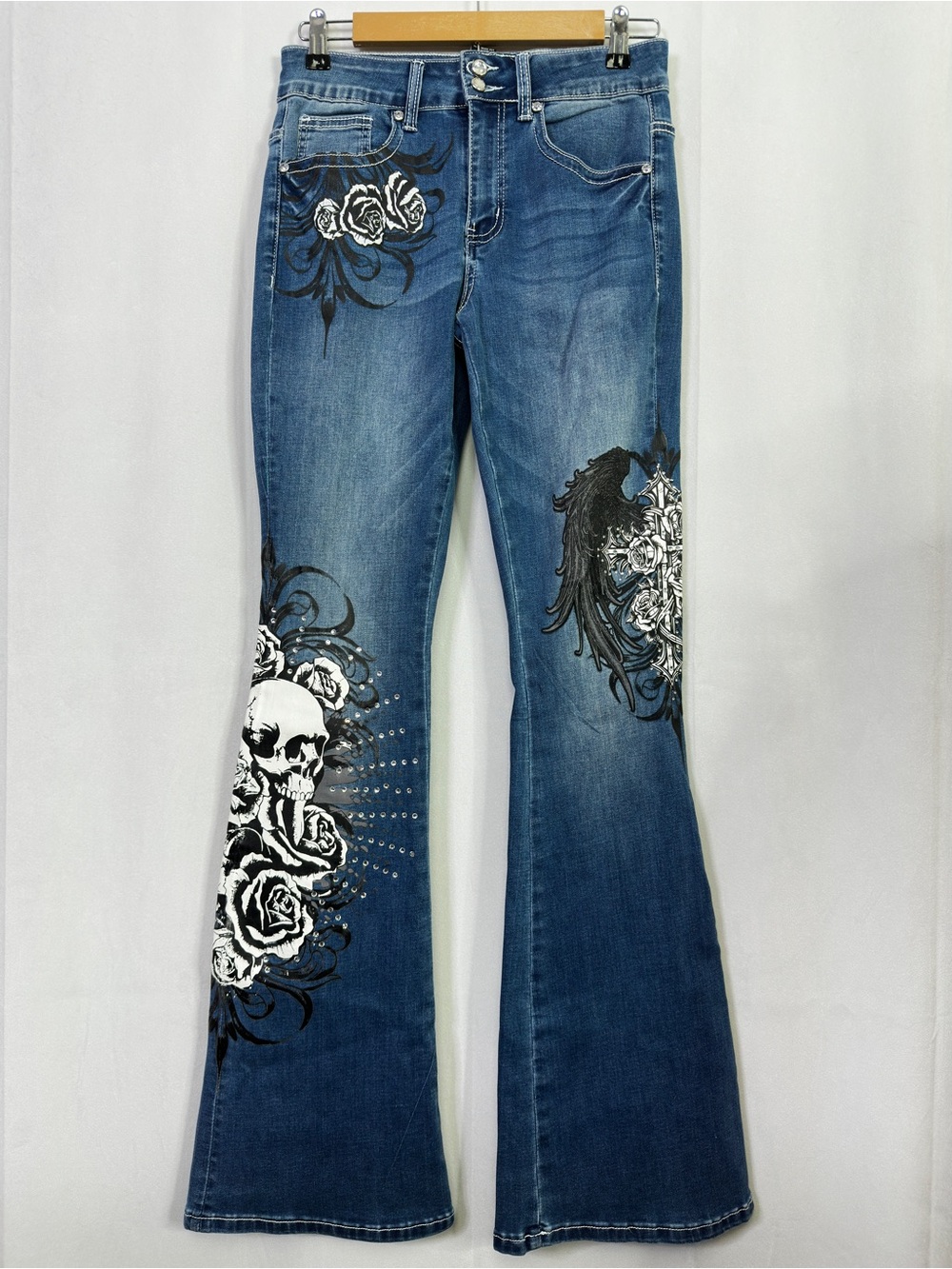 Social Collision Flare Gothic Jeans Skull Rose Rhinestone Pants 7 Blue Womens